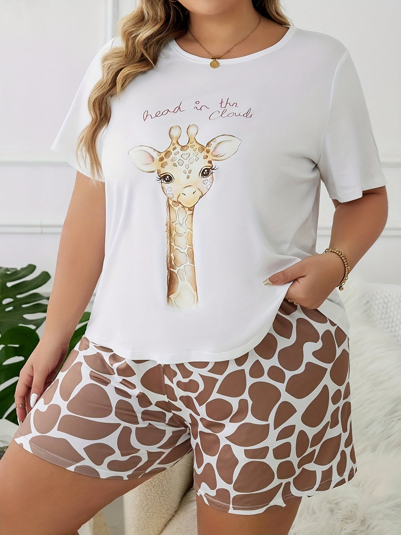 Women’s Cotton Animal Pajama Set Giraffe Print Short Sleeve Top Shorts Lounge Sleepwear