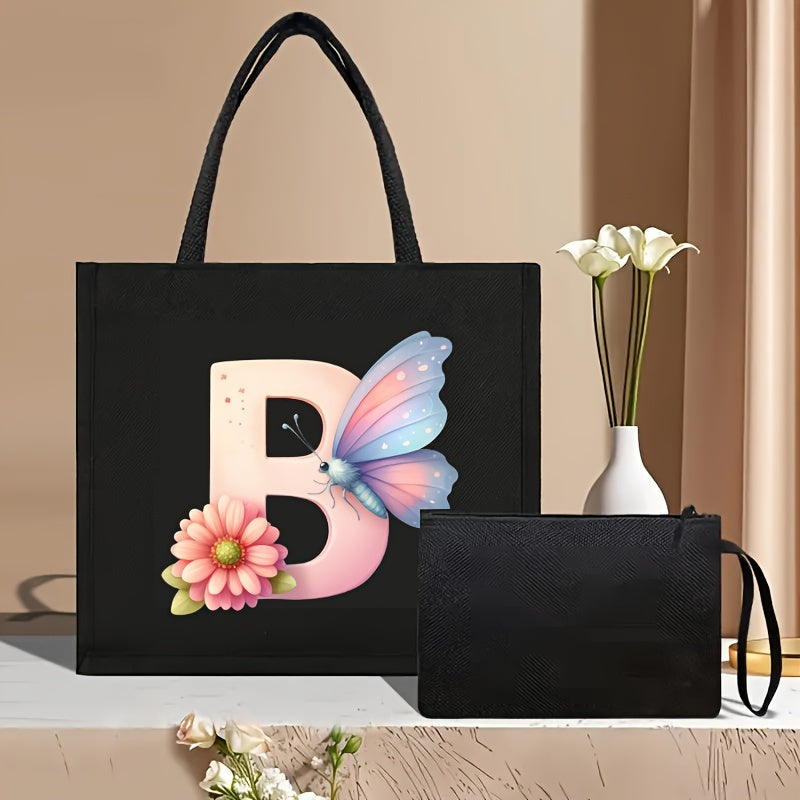 Set of 2 Floral Letter Print Canvas Tote Bags Large Handbag with Clutch Pouch