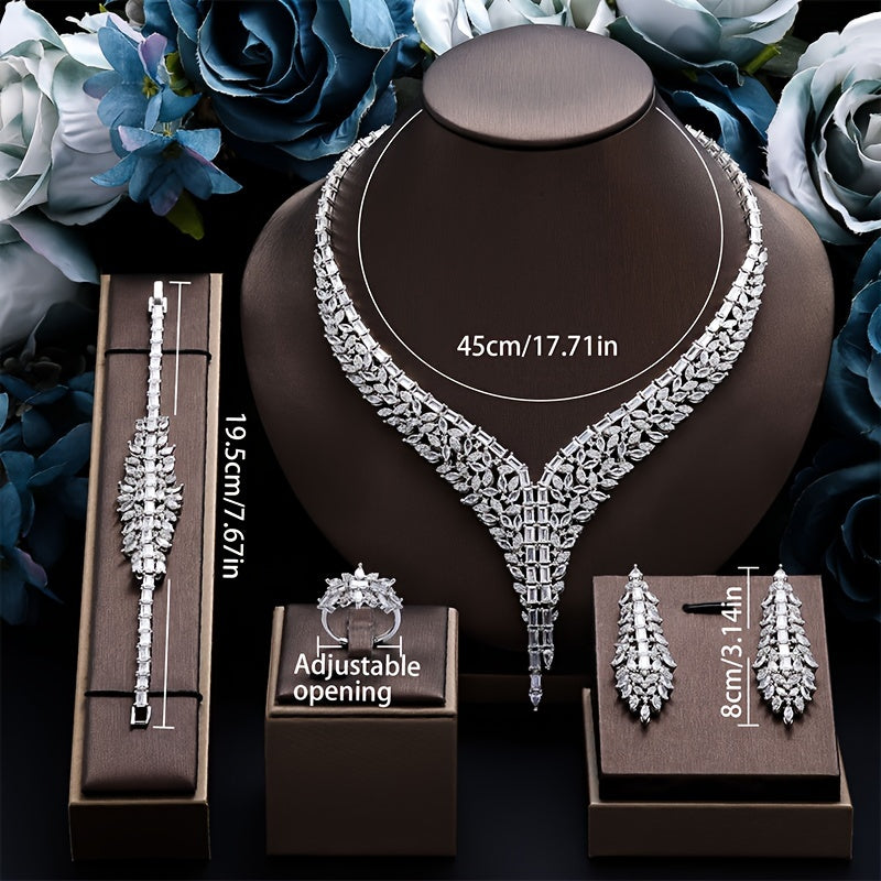 Bridal Jewelry Set 4-Piece White Gold-Plated Copper Cubic Zirconia Wedding Accessories
