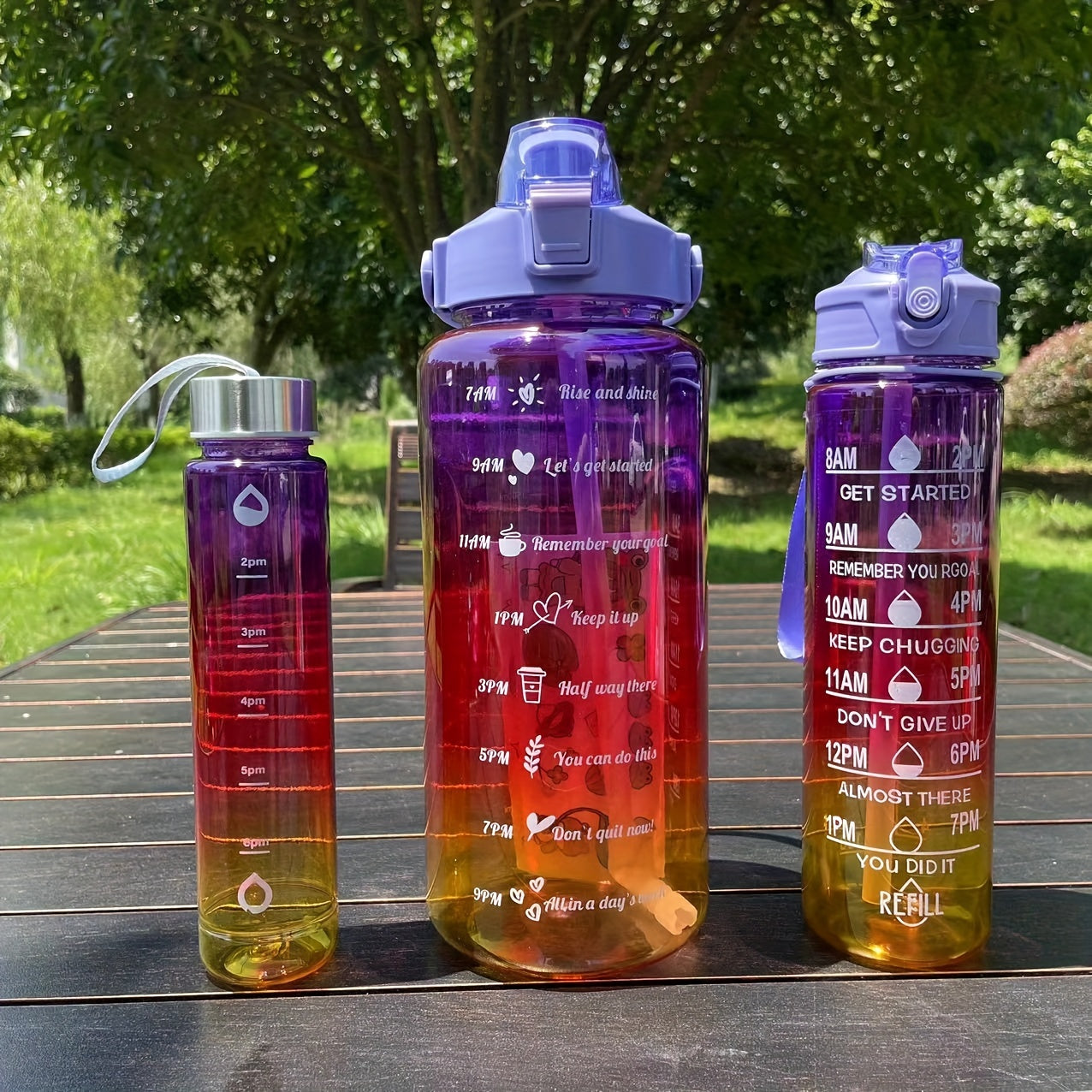 Set of 3 Gradient Color Motivational Water Bottles 64oz 32oz 15oz with Phone Holder