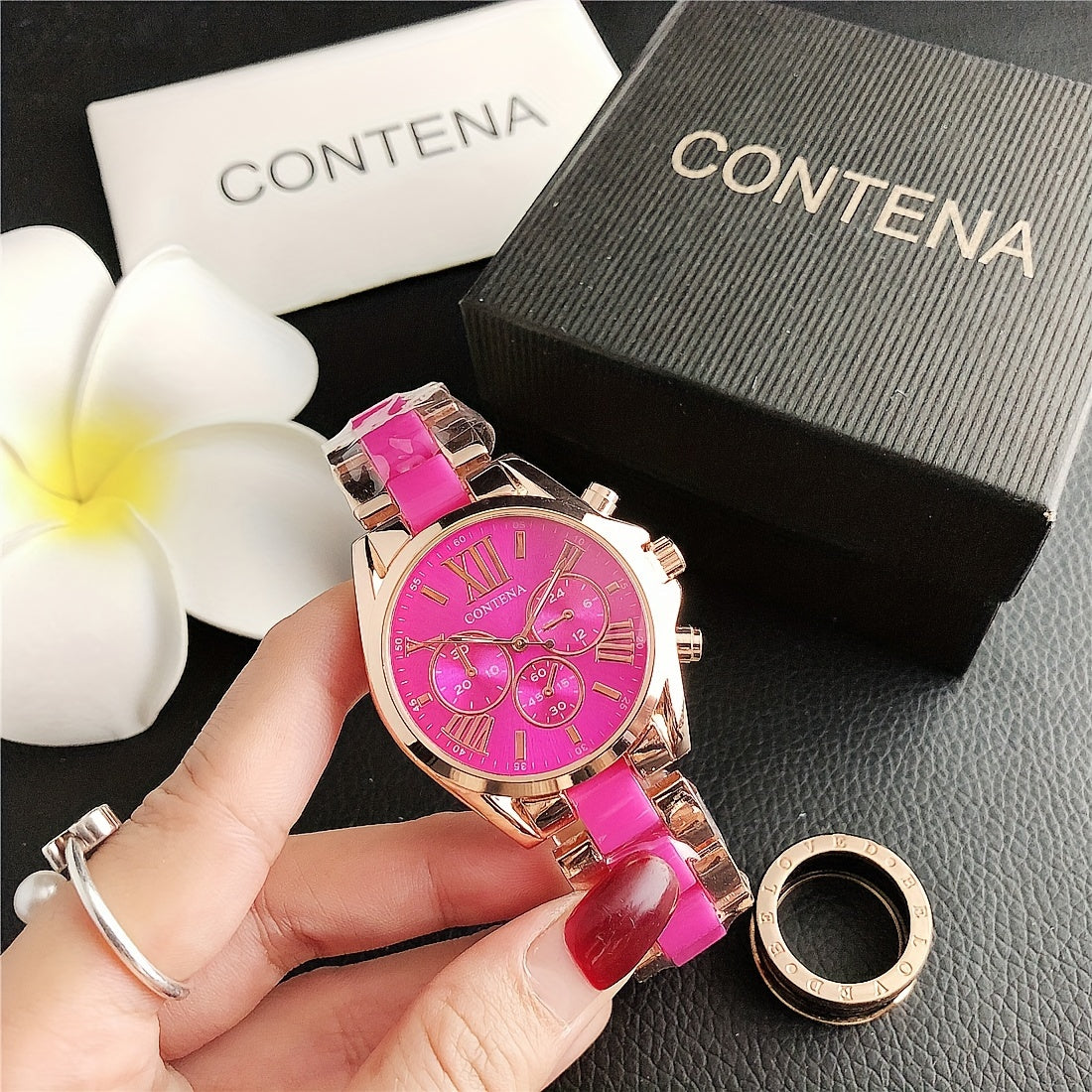 Reloj de mujer en oro rosa con cuarzo, fases lunares y calendario, pulsera de acero inoxidable