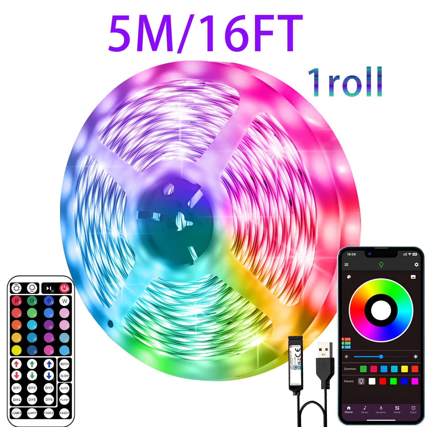 Tira de luces LED RGB de 5V alimentada por USB de 91,44cm a 30,48m con control remoto, aplicación, regulable, cambio de color para dormitorio, sala de estar, fiesta