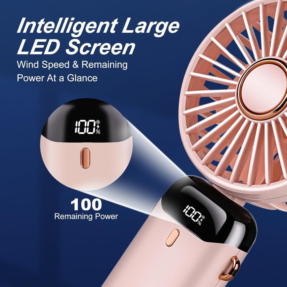 Portable Mini Fan with Type-C Rechargeable Battery LED Display Foldable 3-in-1 Personal Fan Black Rose Gold