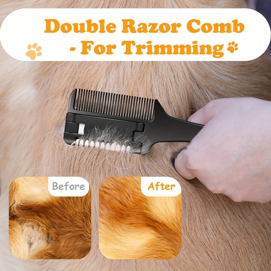 Pet Razor Comb with 10 Replacement Blades for Dog Grooming Safe Shedding and Thinning