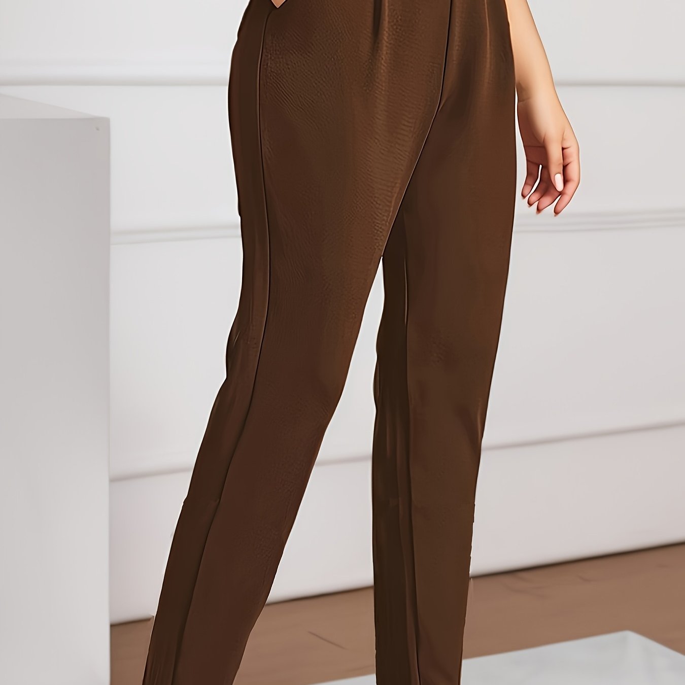 Pantalones de punto marrón de talla grande para mujer, corte recto, tela elástica, ropa casual