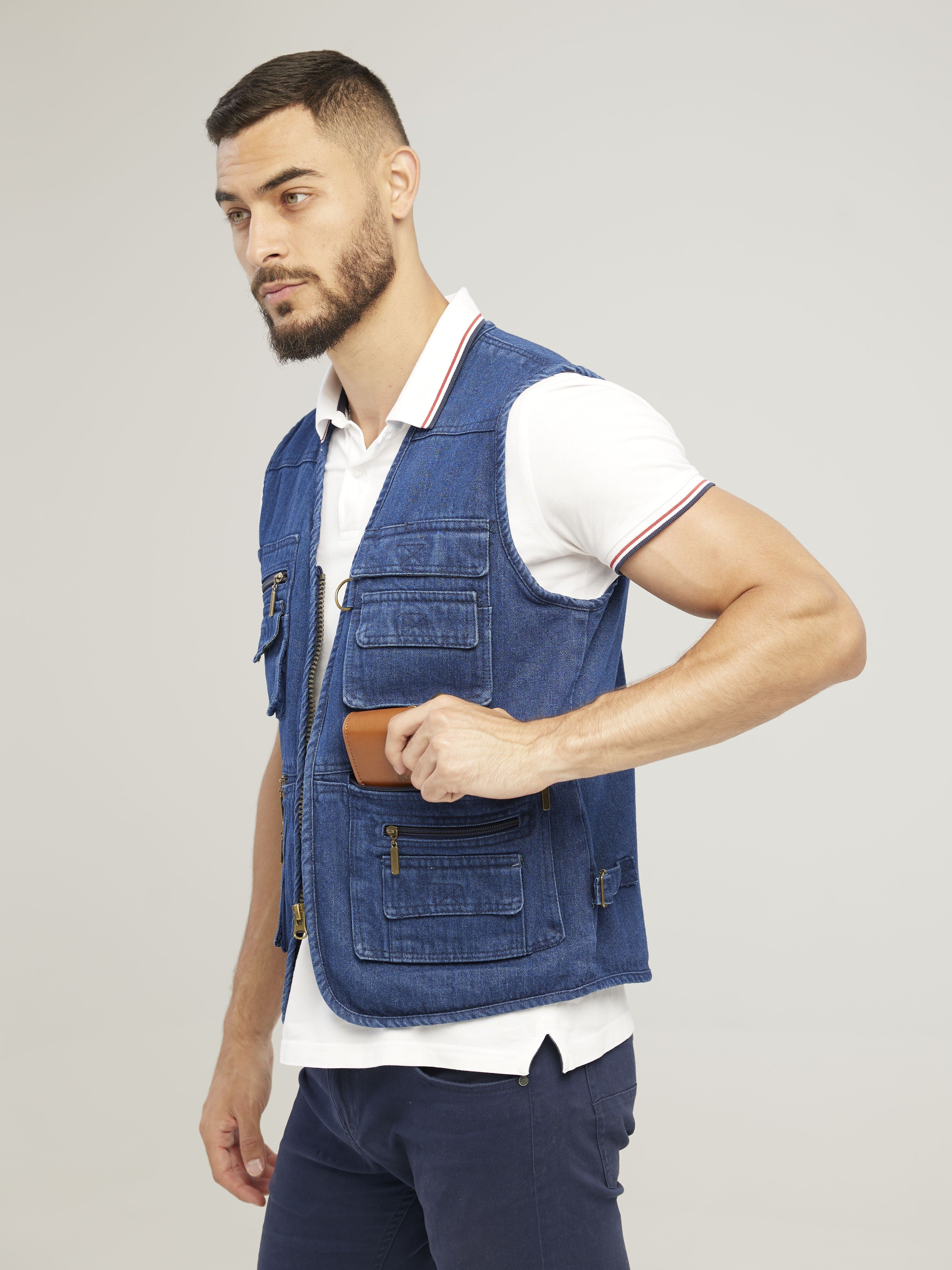 Men's Cotton Cargo Vest with Zipper Pockets for Outdoor Activities