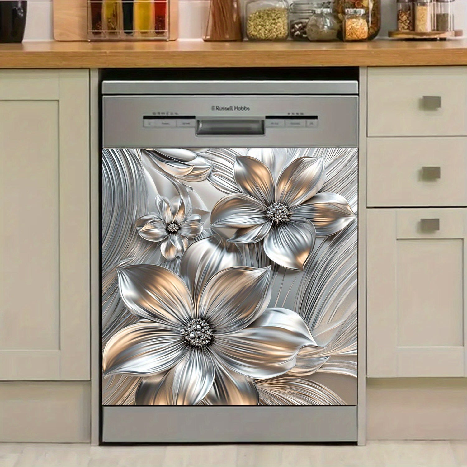 Dishwasher Magnet Cover Silver Floral Waterproof Heat-Resistant Easy to Clean Kitchen Decor Sticker