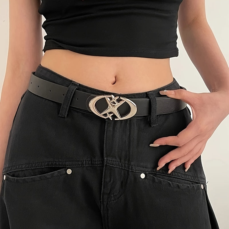 Women's Oval Star Buckle Belt in Solid PU Leather for Casual Jeans