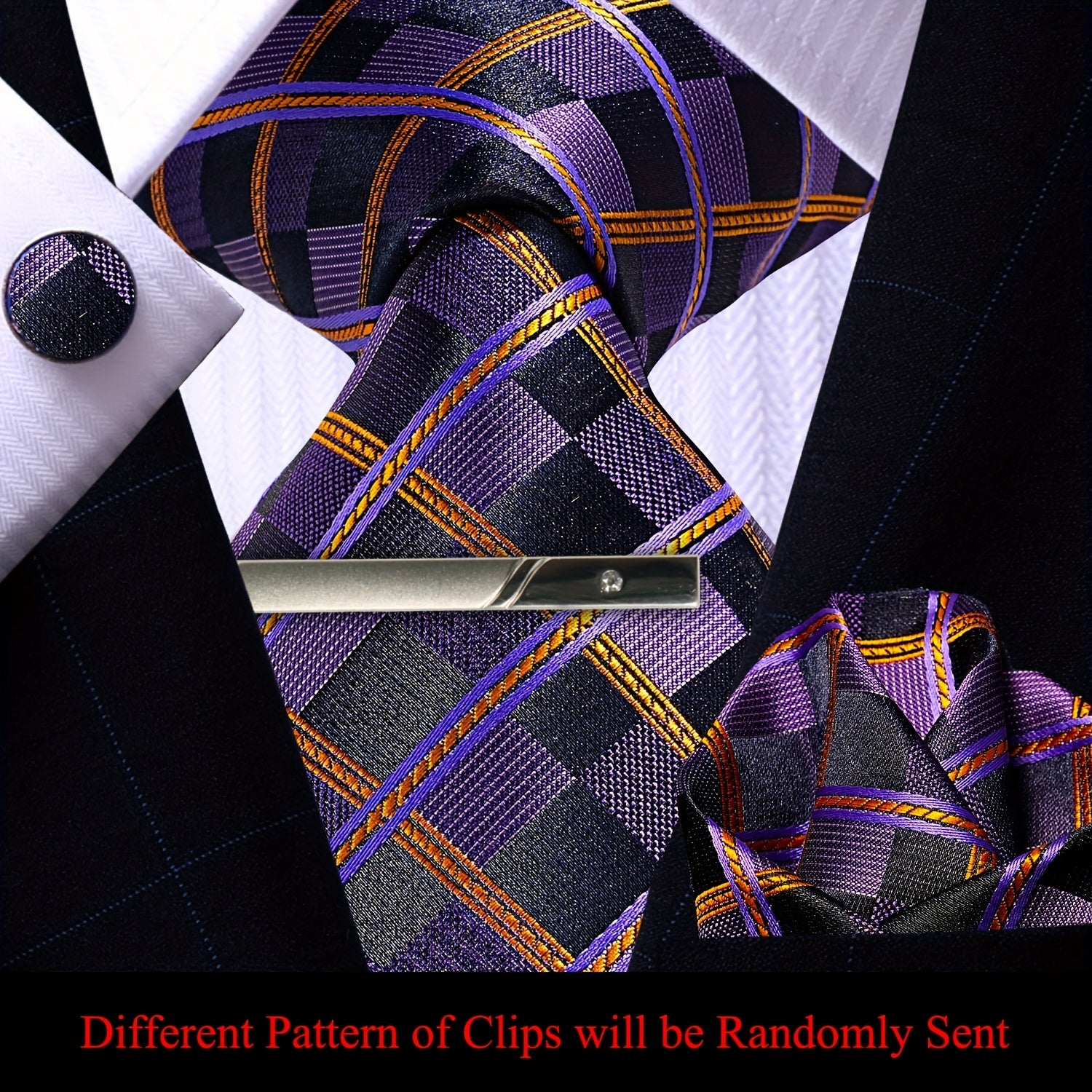 Men's Plaid Tie Pocket Square Cufflinks and Clip Set