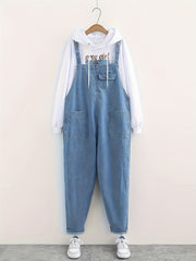 Women's Light Wash Denim Overalls Casual Sleeveless Loose Fit Long Length