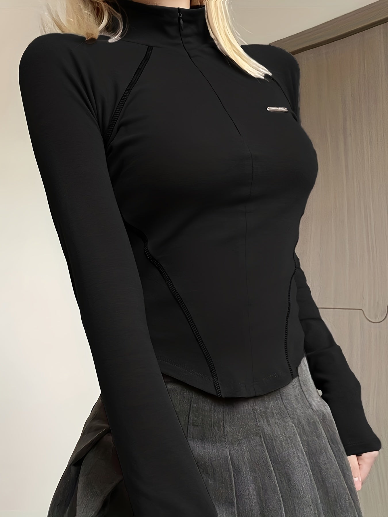 Camiseta deportiva casual para mujer con cremallera invisible, cuello alto, manga larga, otoño-invierno, estilo motocicleta
