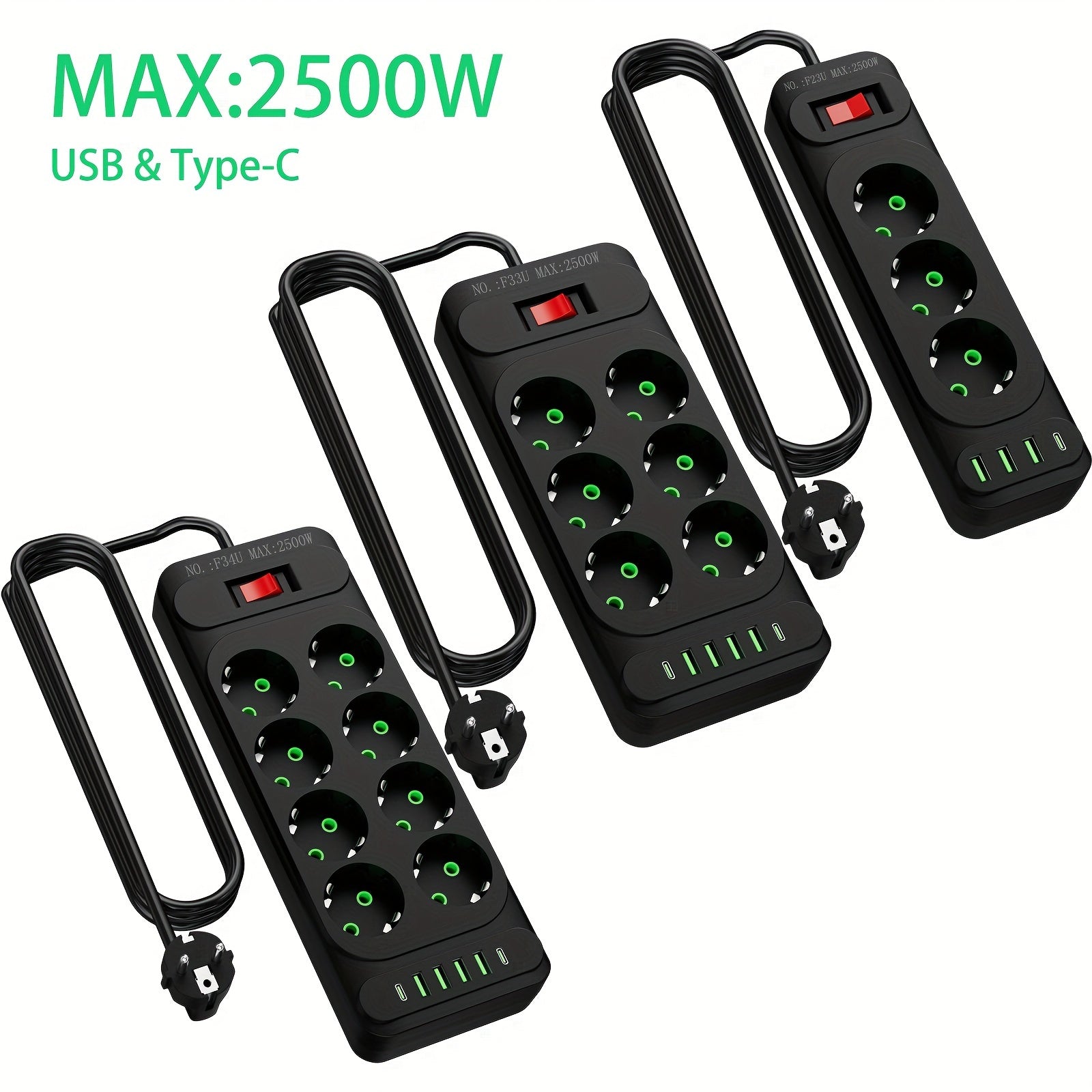 European Power Strip with 8 Outlets USB and Type-C Ports 2500W Extension Cord