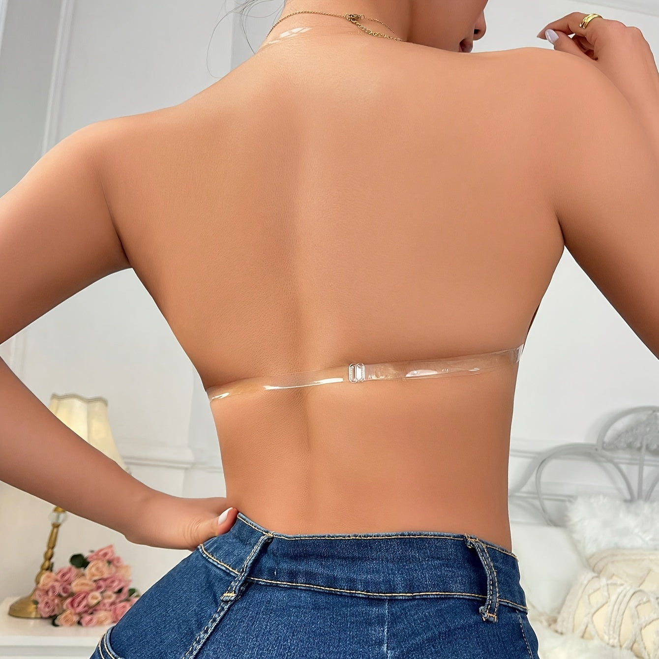 Invisible Push-Up Bra with Front Buckle Silicone Anti-Slip Stickers and Transparent Shoulder Straps