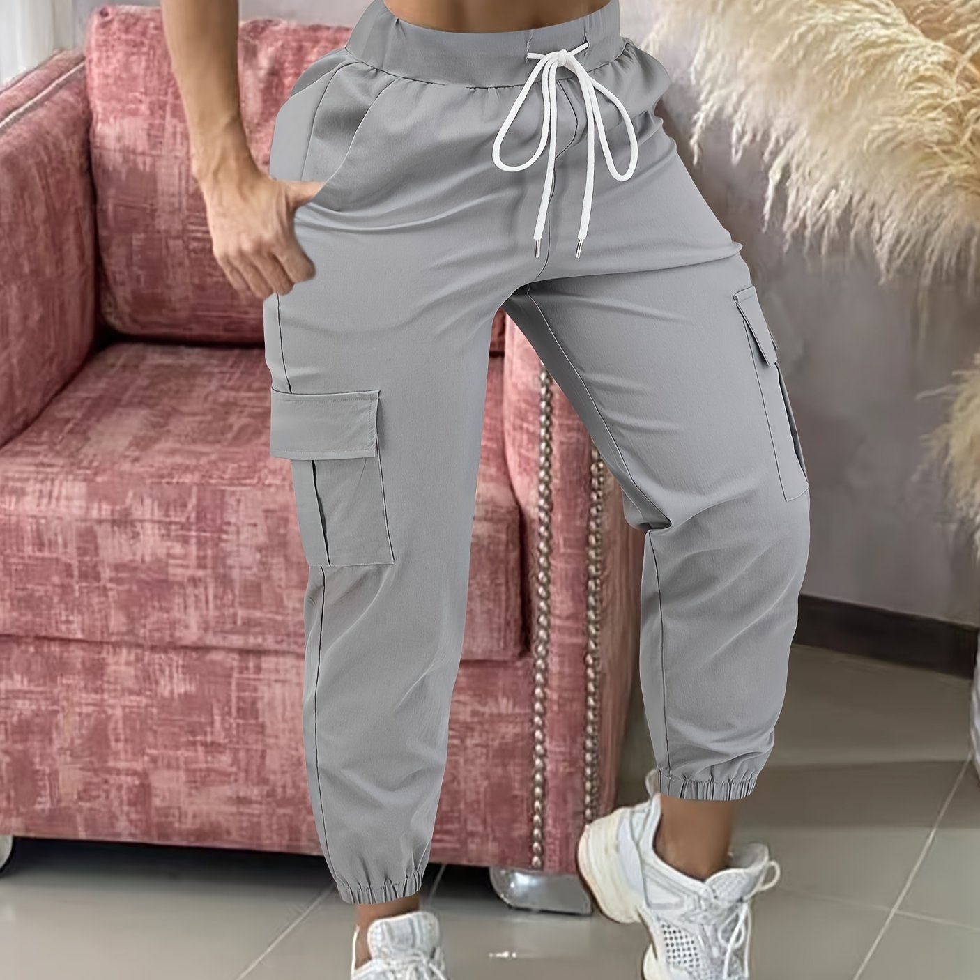 Women's Casual Cargo Pants Polyester Drawstring Waist Solid Color All-Season