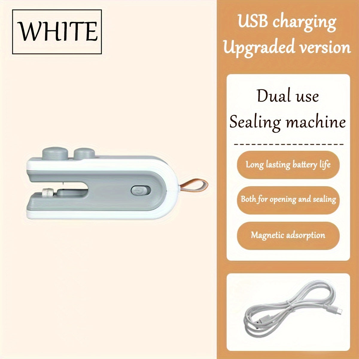 Qo‘l bosimli plastik paket yopgich bilan mini snack yopish mashinasi, qayta to‘ldiriladigan litiy batareya, USB zaryadlash, 36V maksimal kuchlanish, 300mAh quvvat, oshxona uchun ideal qurilma.