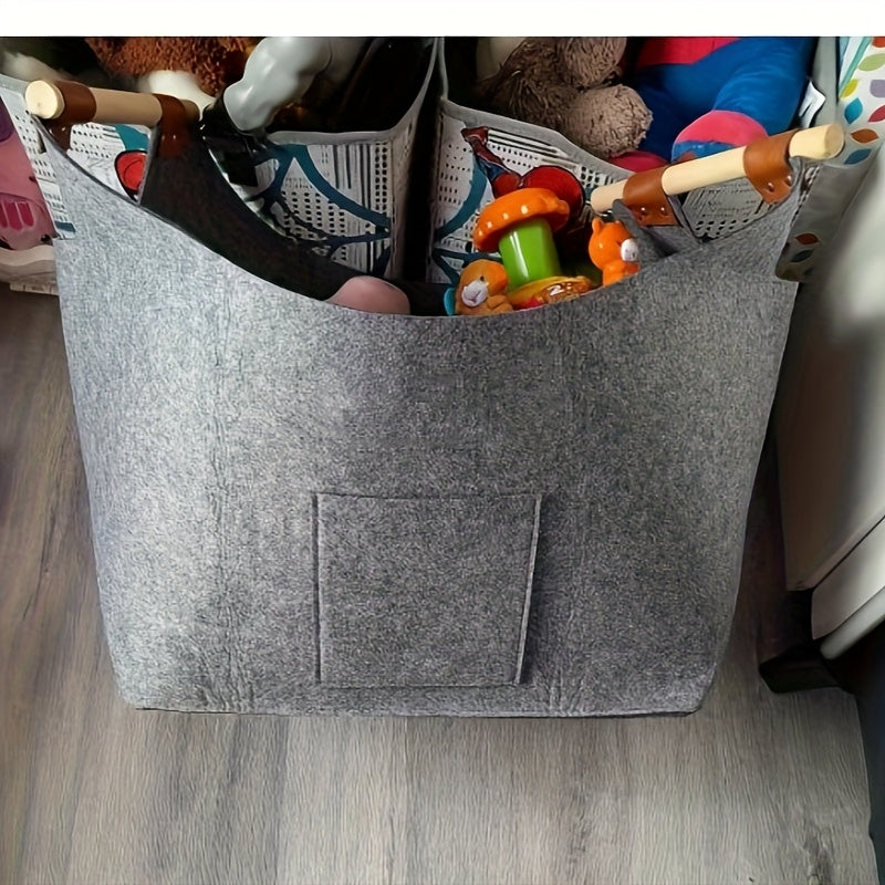 Складной и прочный светло-серый органайзер для покупок, дров, газет и дров с усиленной деревянной ручкой - 1 шт., корзина для хранения дров из очень толстого фетра