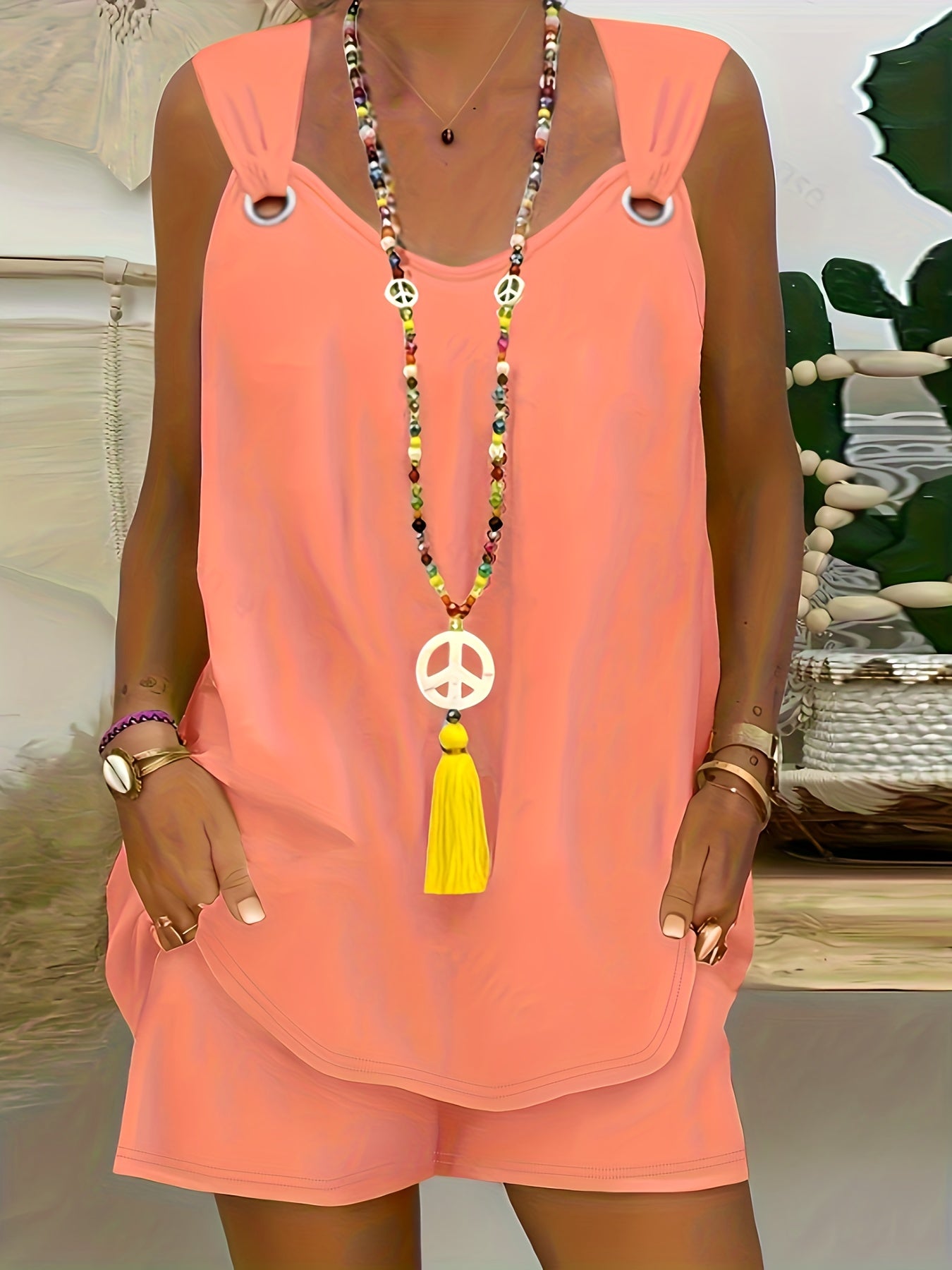 Conjunto de chaleco y pantalones cortos sin mangas para mujer en verano, de poliéster sólido con microelasticidad, escote en V, casual