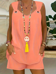 Conjunto de chaleco y pantalones cortos sin mangas para mujer en verano, de poliéster sólido con microelasticidad, escote en V, casual