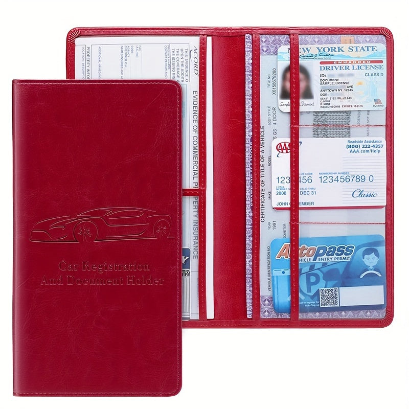 Red PVC Car Registration Insurance Card Holder for Men Women Compact Organizer