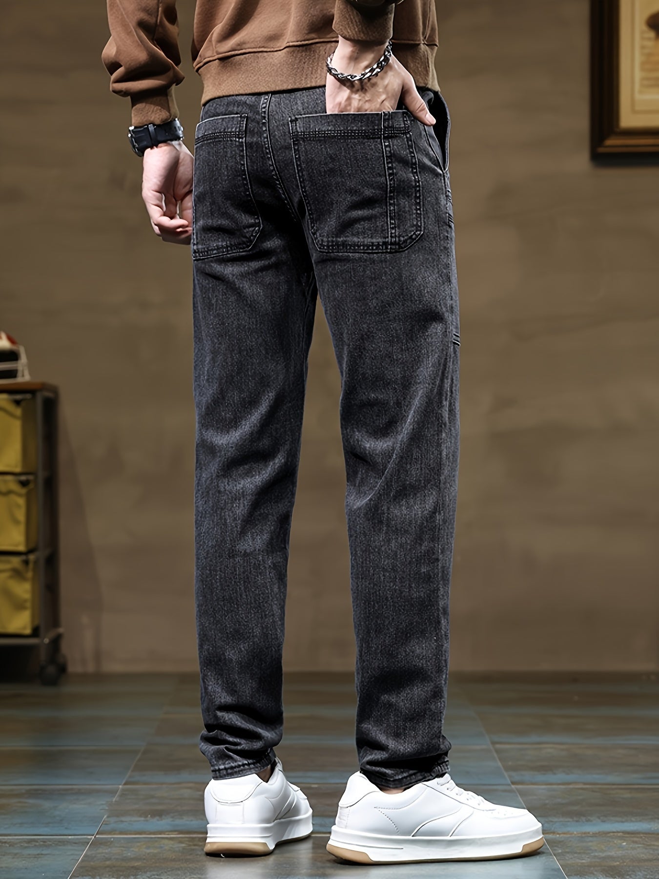 Men's Regular Fit Denim Jeans Solid Color Washed Stretch Cotton Polyester All-Season