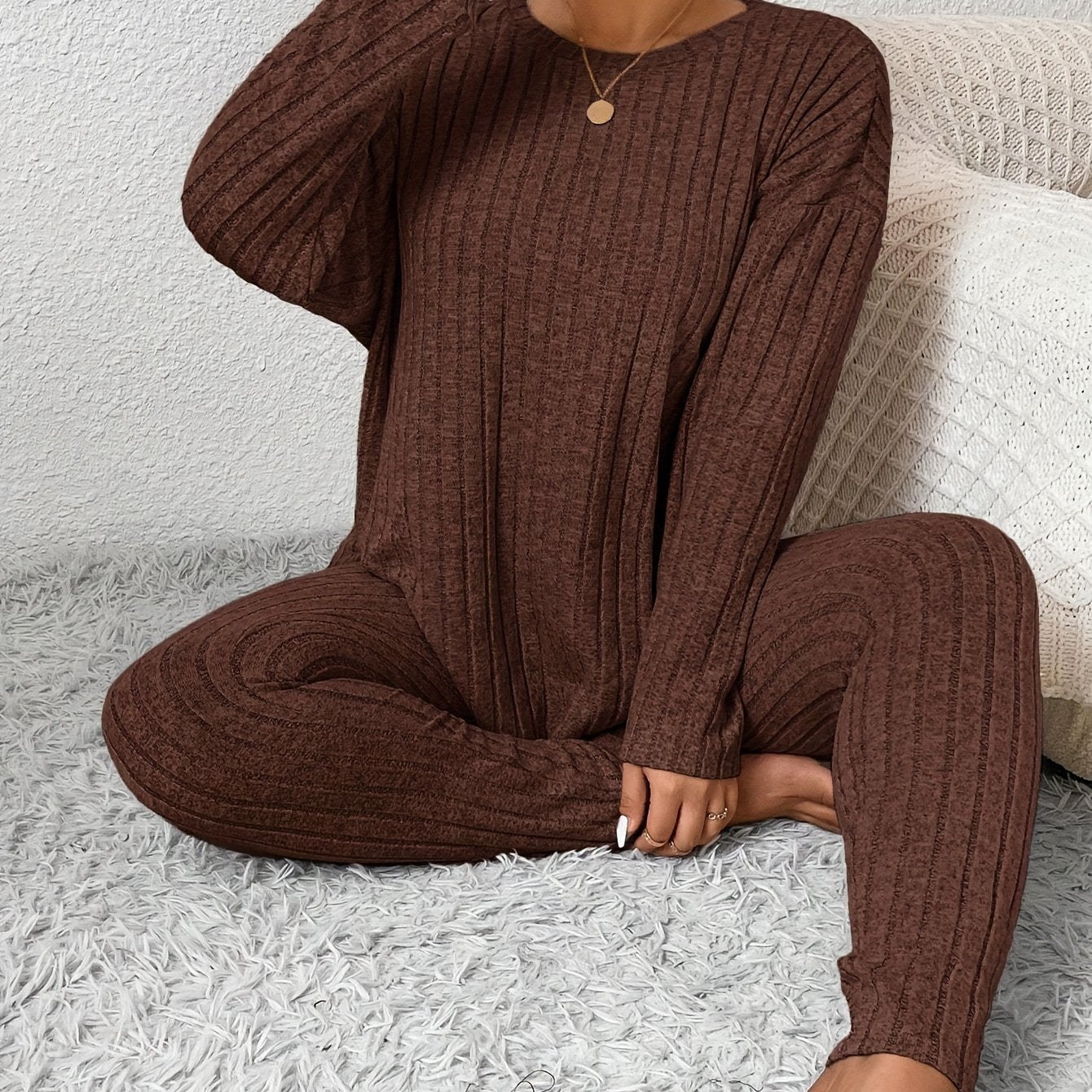 Women Long Sleeve Pajama Set Large Size Warm Slim Fit