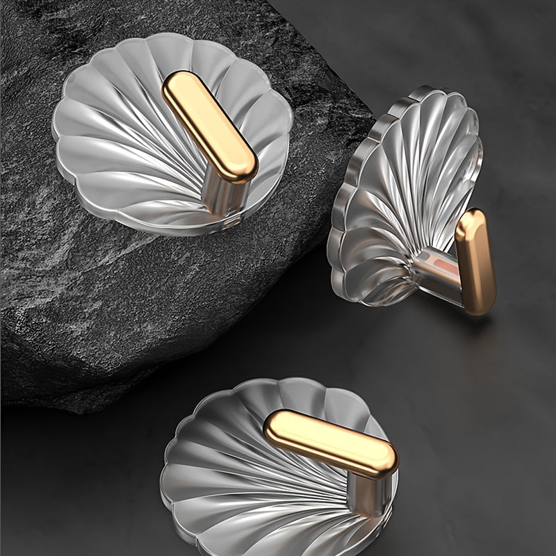 Juego de 4 ganchos de pared con conchas chapadas en oro, impermeables y fáciles de instalar para cocina y puertas de baño