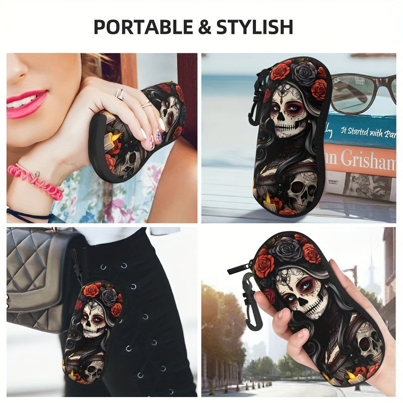 Ultra-Light Sugar Skull Glasses Case with Zipper Durable Rubber Eyewear Protector for Men and Women