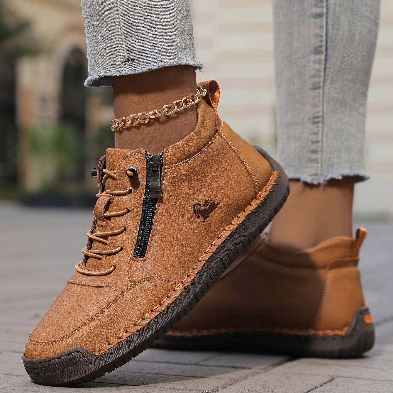 Women’s Handmade Stitched Leather Midband Slip-On Casual Short Boots