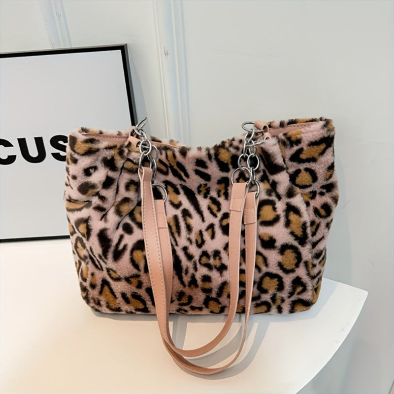 Ayollar uchun zamonaviy leopard naqshli sumka - ajraladigan tasma bilan uslubiy sun'iy mo'yna to'plami, keng yelka sumkasi, har kuni kiyish uchun ko'p maqsadli krossbody sumkasi, 18 yoshdan oshgan zamonaviy kattalar uchun trendy aksessuar