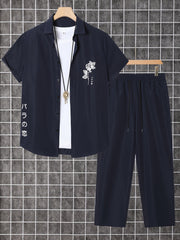 Мужской комплект из коротких рукавов с цветочным принтом и шортами, бежевый, полиэстер, повседневный летний