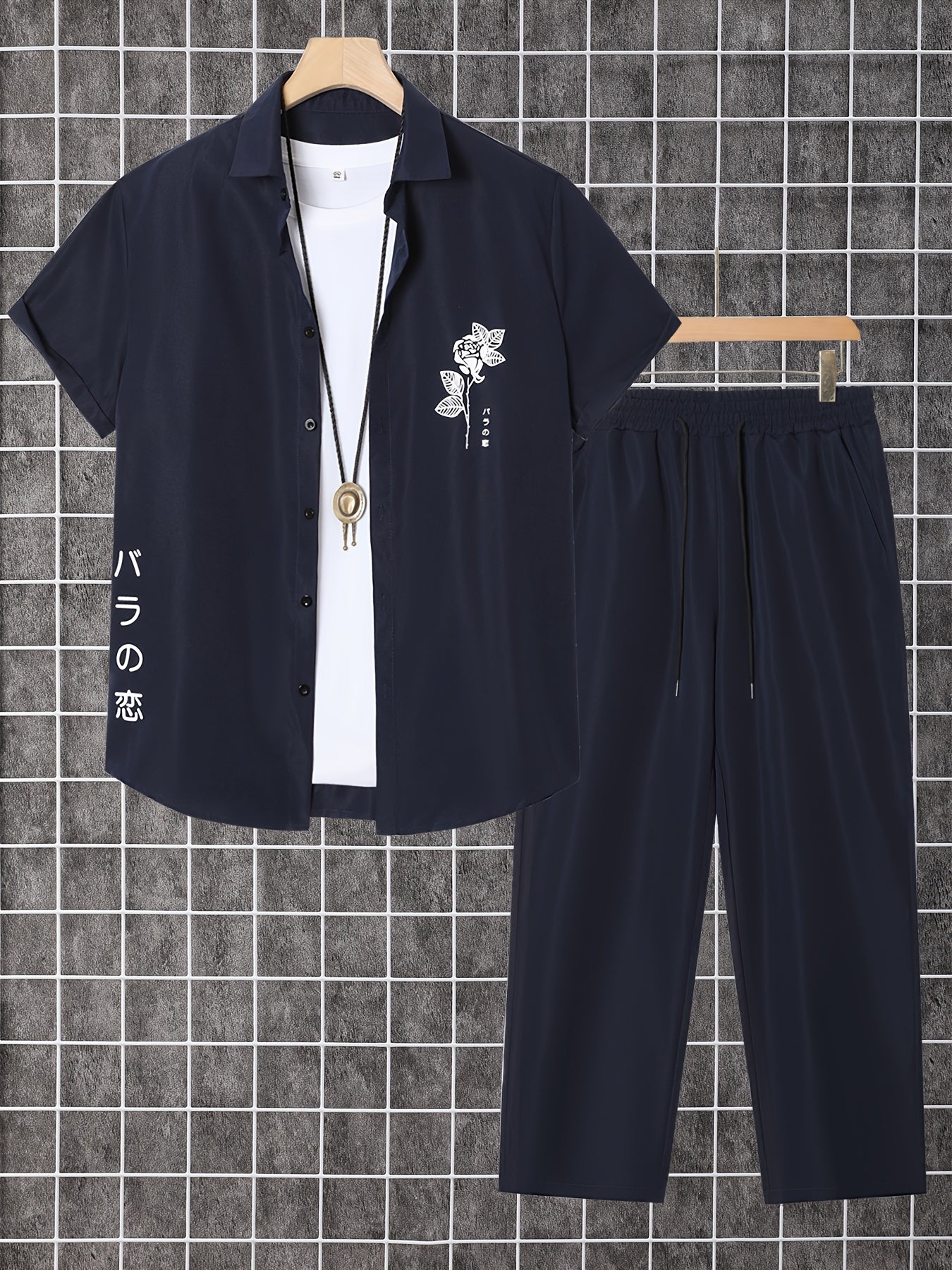 Мужской комплект из коротких рукавов с цветочным принтом и шортами, бежевый, полиэстер, повседневный летний