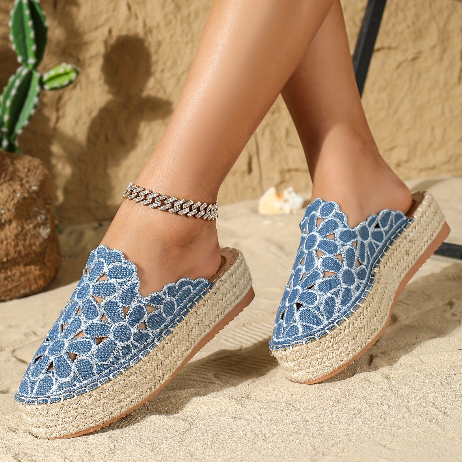 Women's Floral Embroidered Espadrille Sandals Summer Beach Shoes Slip-On
