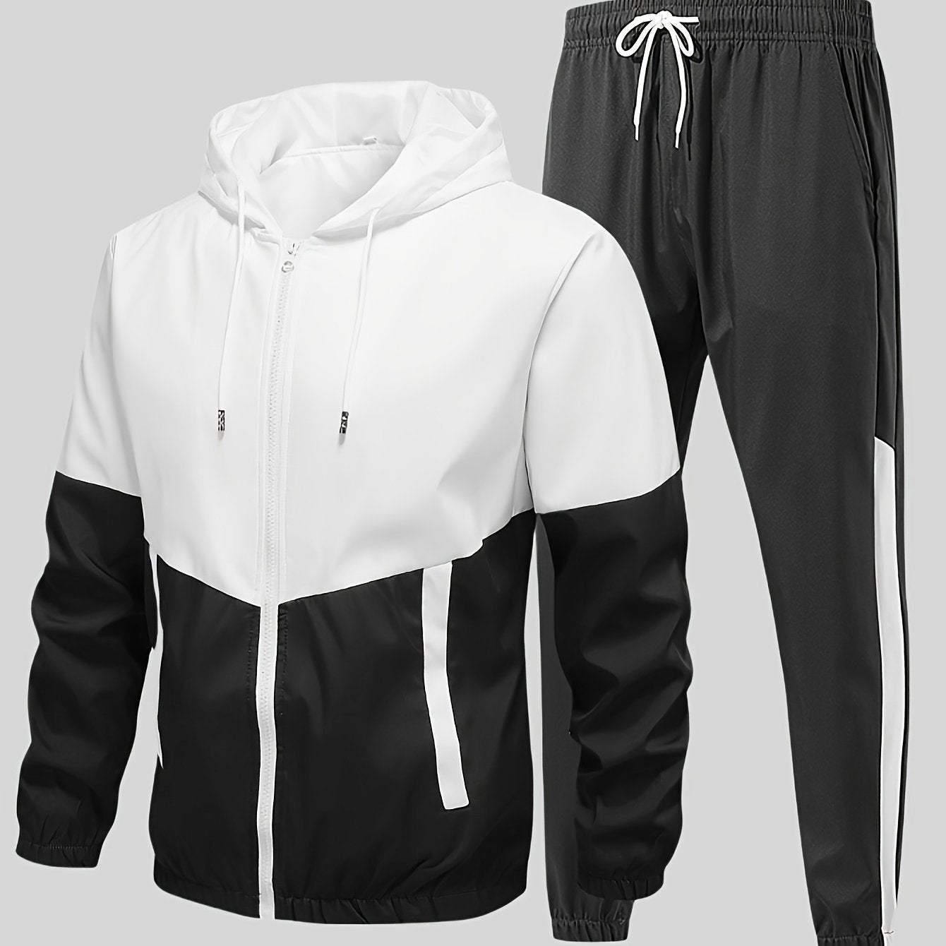 Men's Sports Suit Hooded Jacket and Pants Color Block Polyester Regular Fit