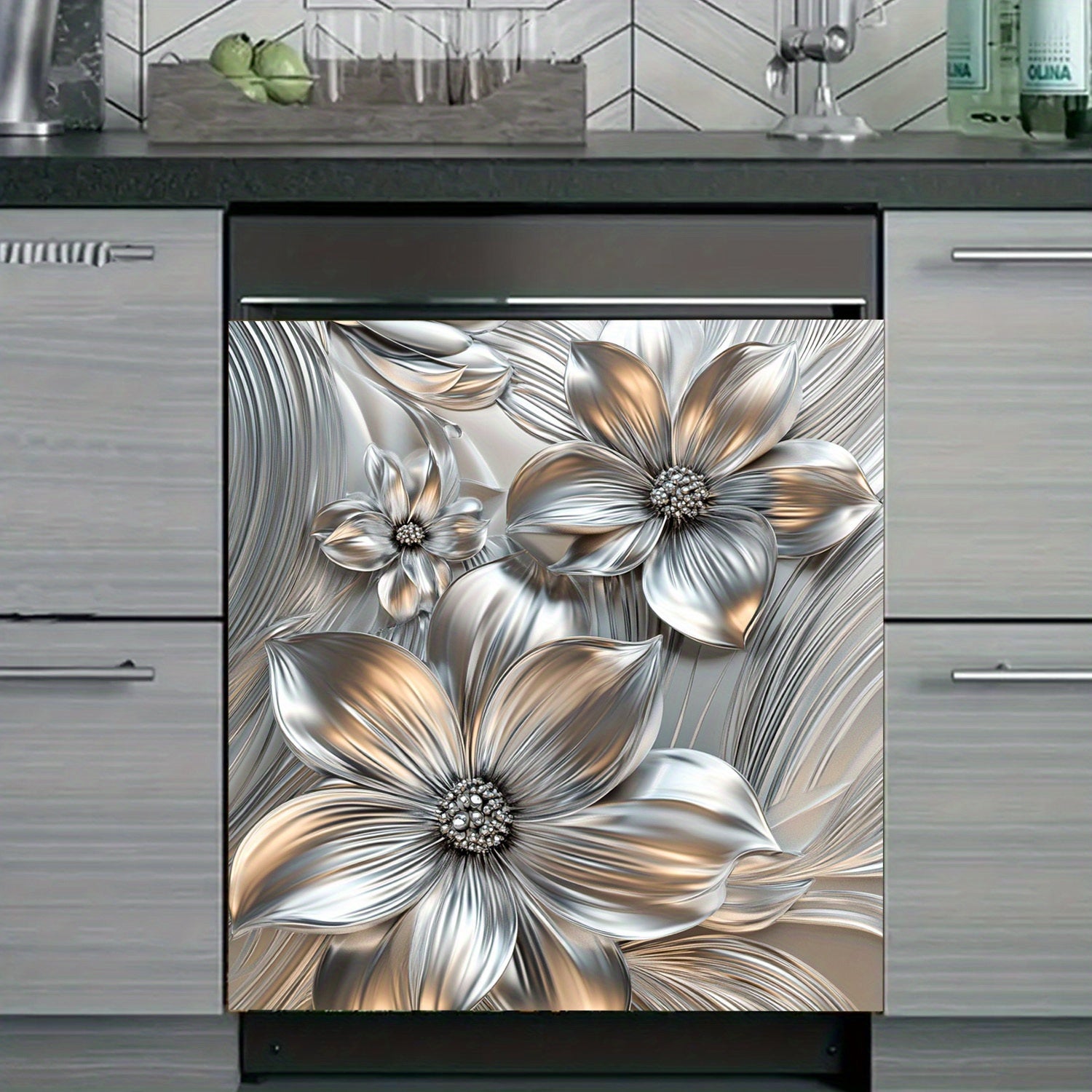 Dishwasher Magnet Cover Silver Floral Waterproof Heat-Resistant Easy to Clean Kitchen Decor Sticker