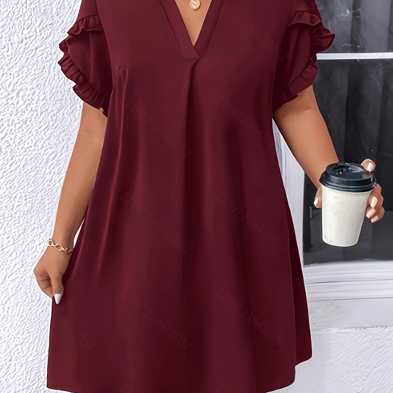 Women's Burgundy Midi Dress with Ruffle Sleeves V-Neck Flowy Spring Summer