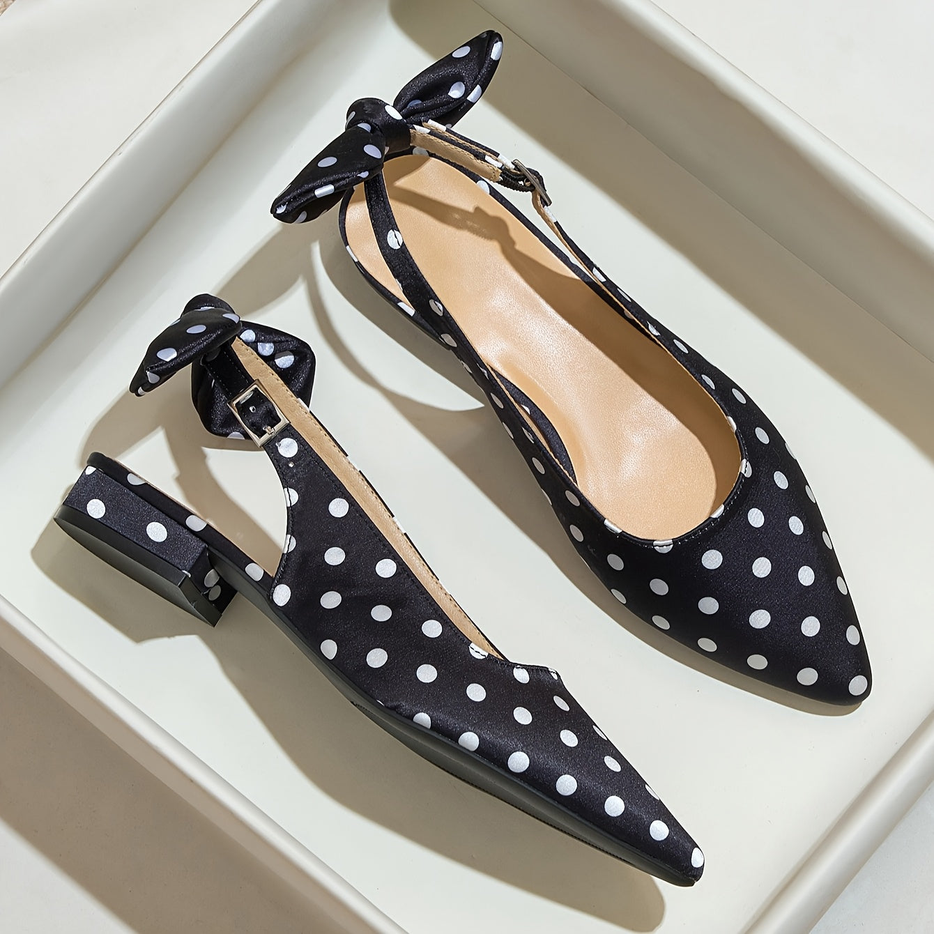 Women's Retro Polka Dot Mary Jane Shoes Black White Pointed Toe Block Heel
