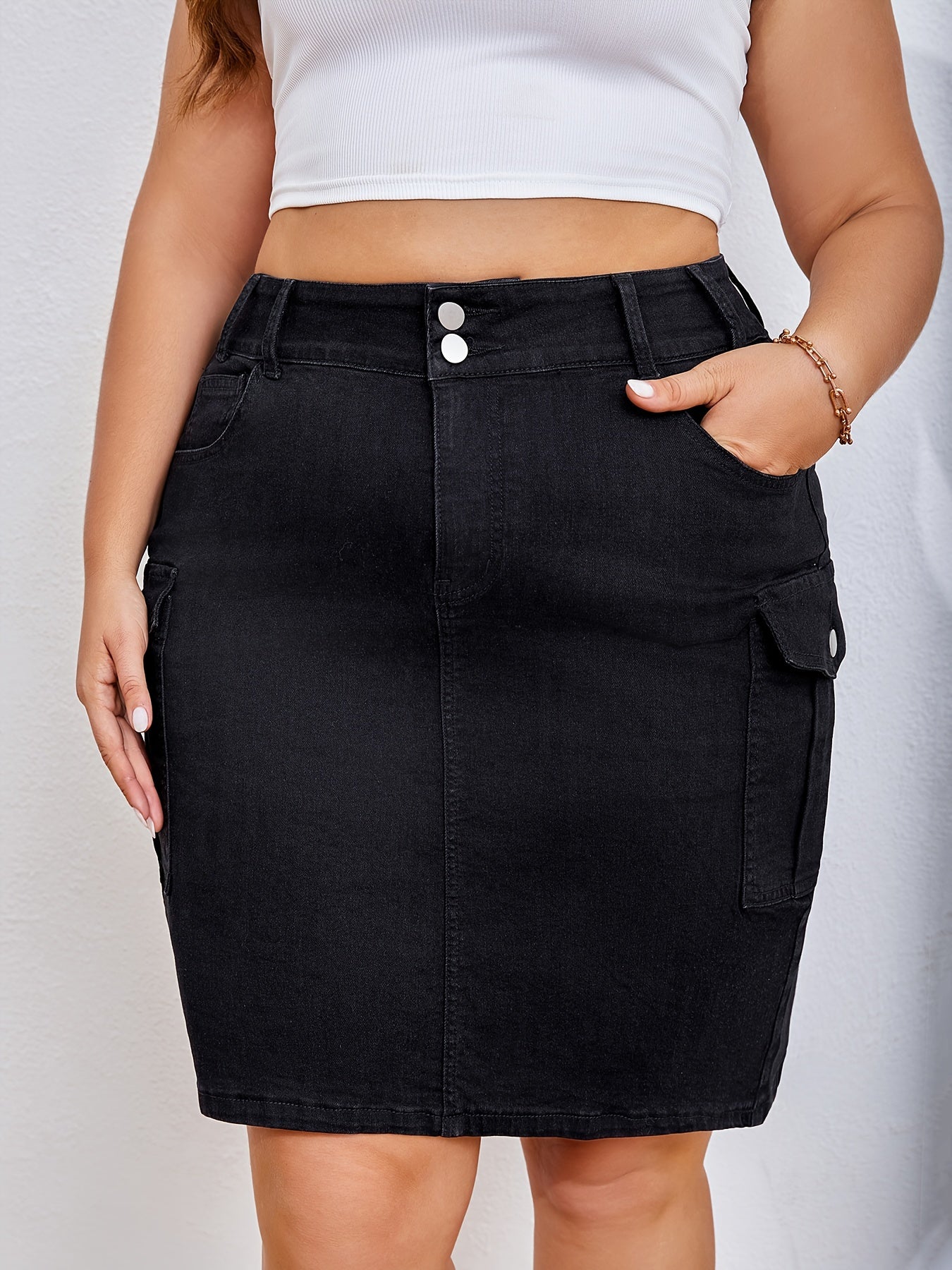 Women's Plus Size Denim Skirt Solid Color Straight Cut Medium Stretch For Spring Summer Fall