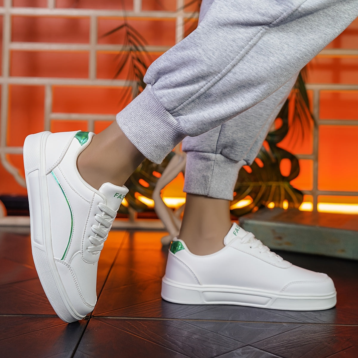Women's White Sneakers with Gold Accents Low-Top Comfortable Casual Walking Shoes