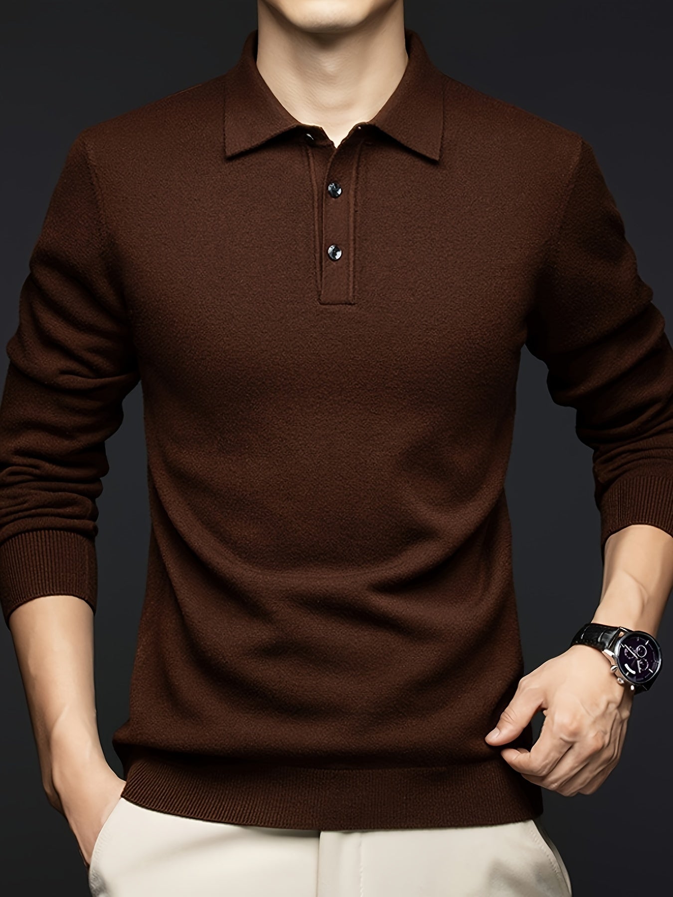 Suéter para hombre de mezcla de lana negra con detalle de botones para otoño e invierno, casual, golf