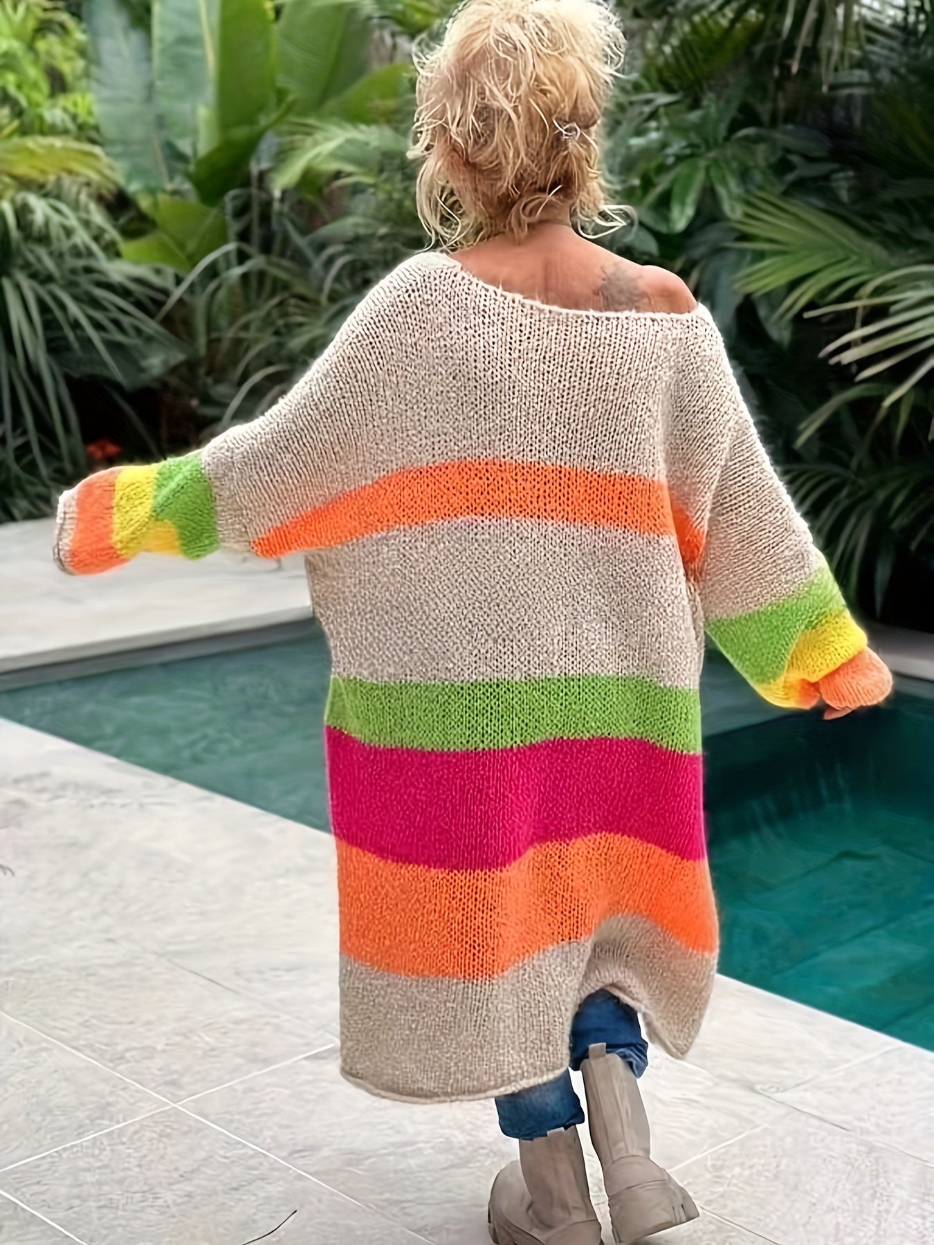 Plus Size Knit Dress Long Sleeve V-Neck Striped Casual Womens Clothing