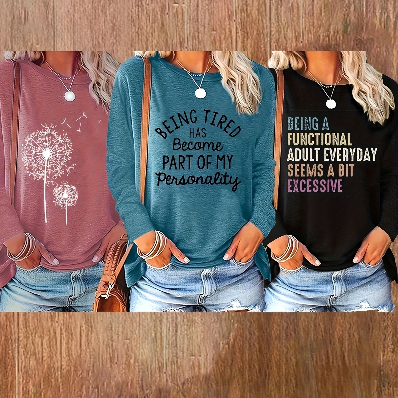 Plus Size Women Long Sleeve T-Shirts Polyester Knit Geometric Pack of 3