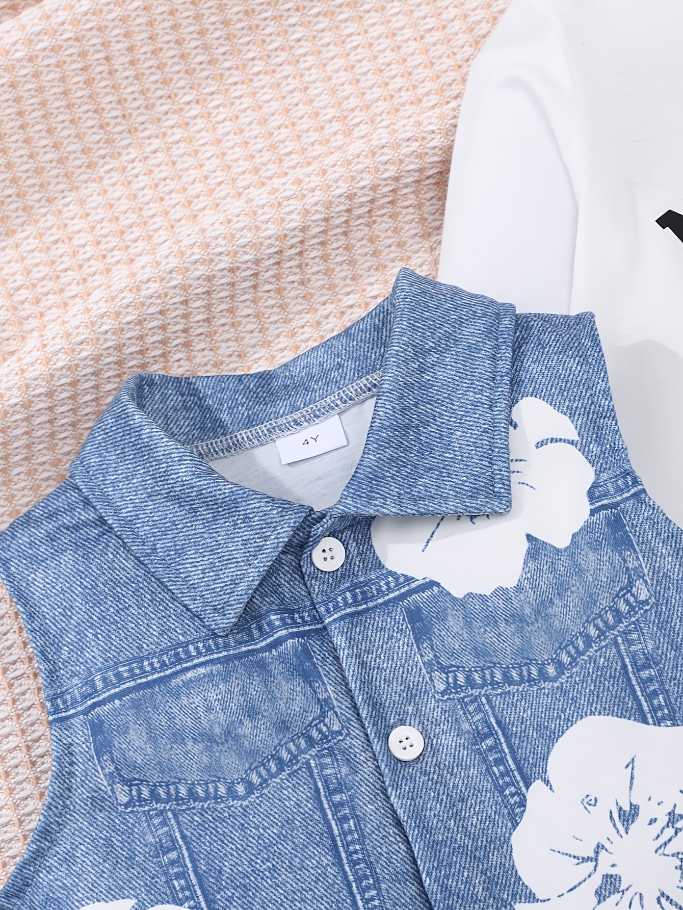 Girls' Casual Outfit with Denim Vest, Floral Jeans and Long Sleeve Tee for Spring Fall