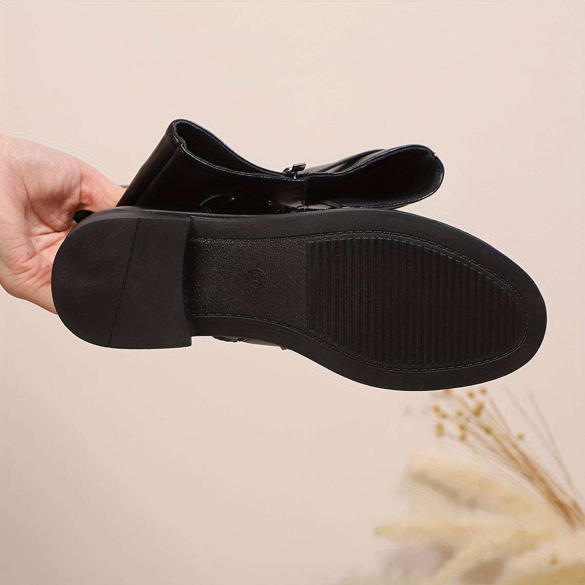 Women's Synthetic Mid-Calf Riding Boots with Buckle and Side Zip in Black