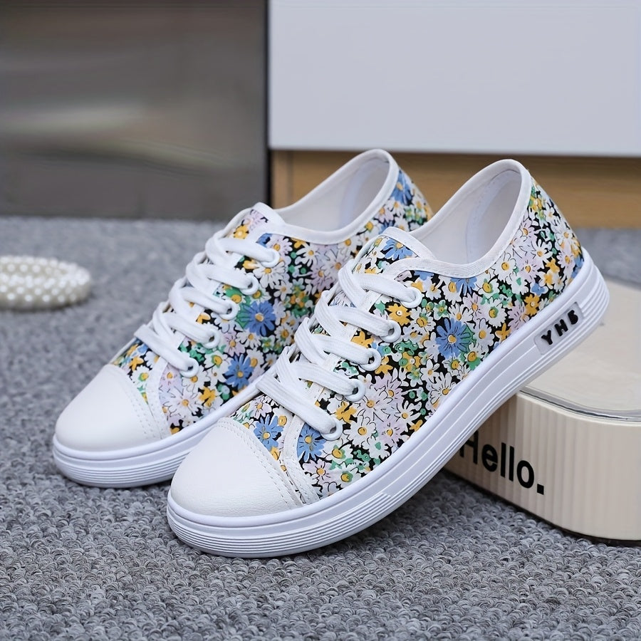 Women’s Floral Sneakers Low-Top Casual Shoes Breathable Fabric White Cherry Blossom