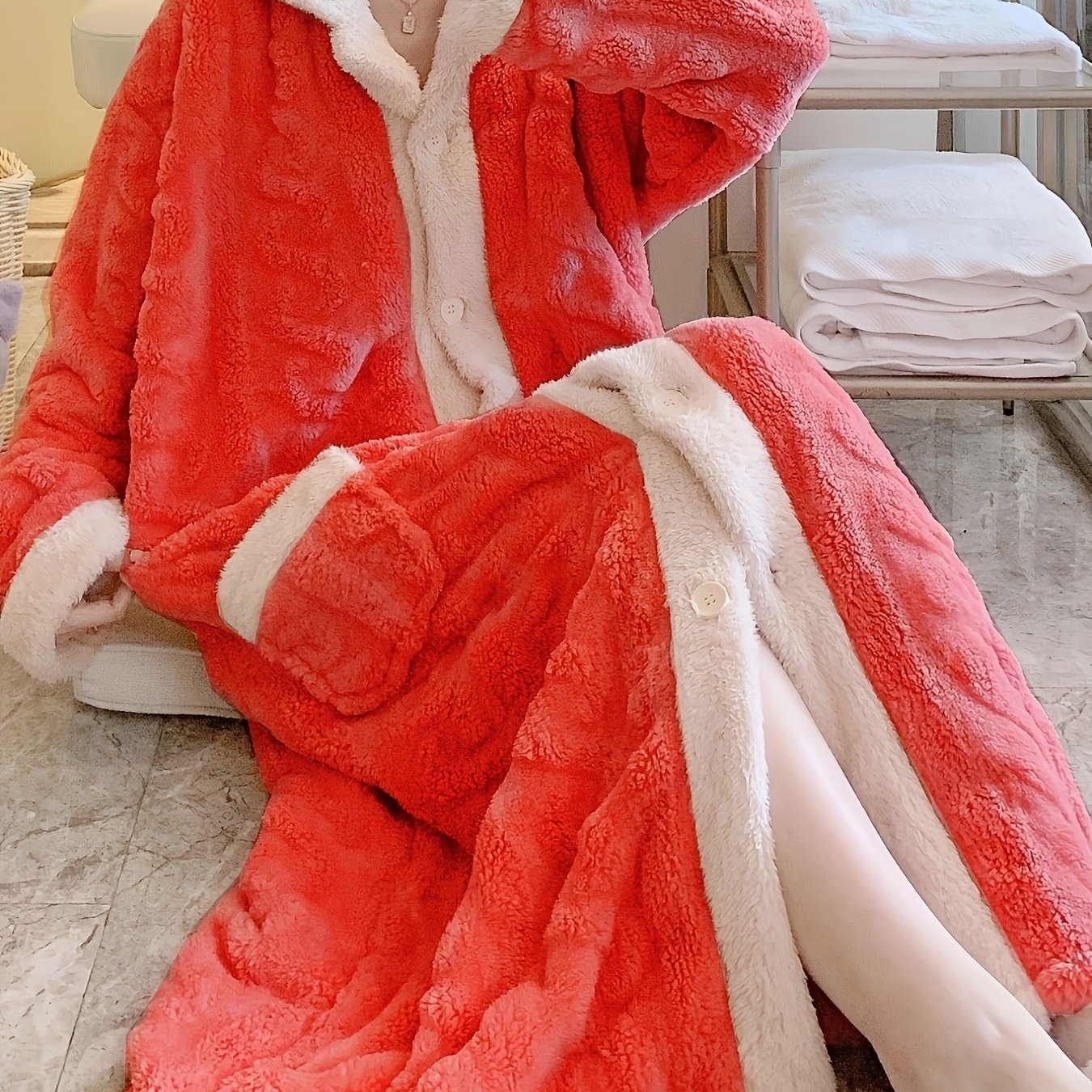Women's Fleece-Lined V-Neck Sleep Robe with Pockets and Floral Pattern