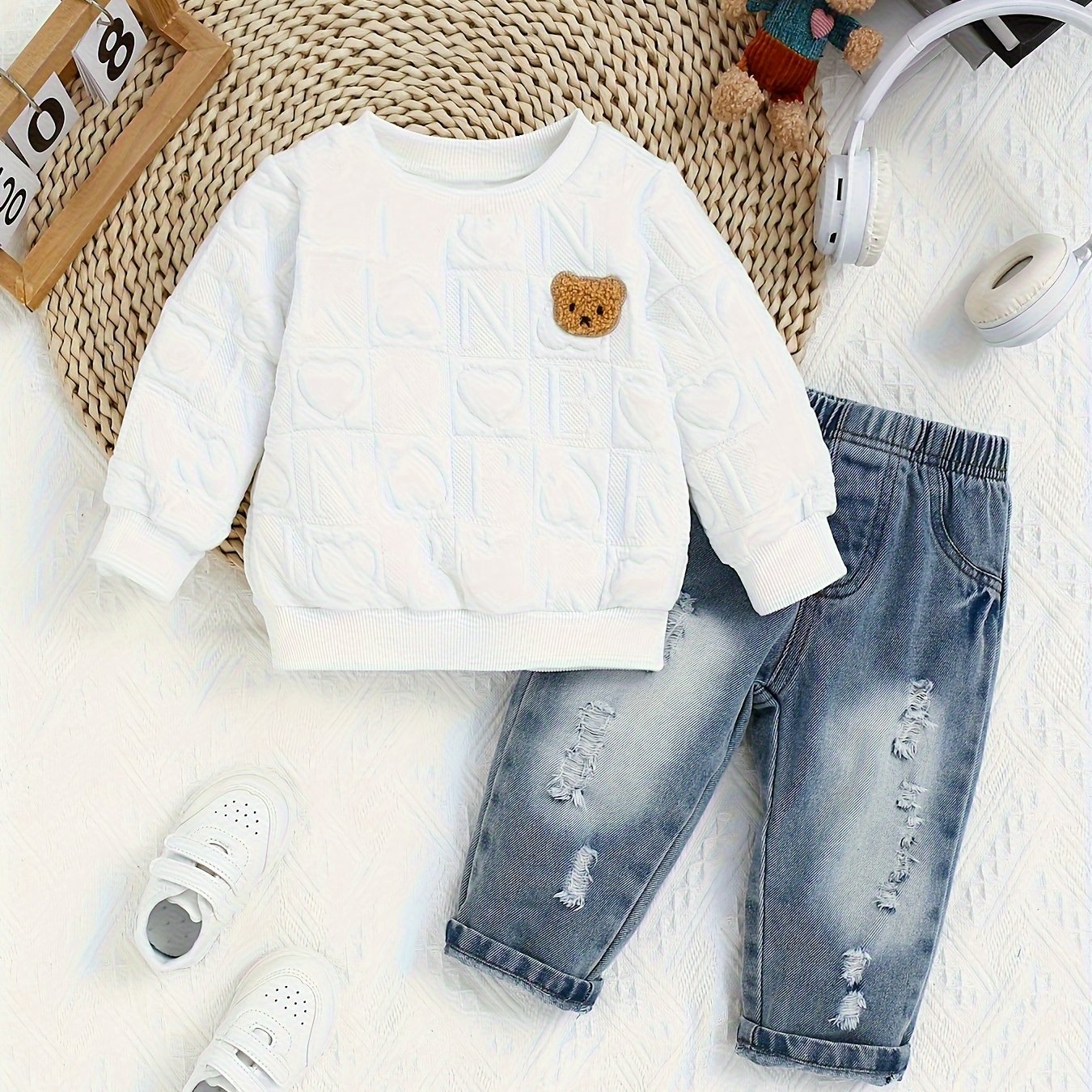 Toddler Boys' Cotton Blend Pants Set with Solid Color Tops and Denim Bottoms for Fall Winter