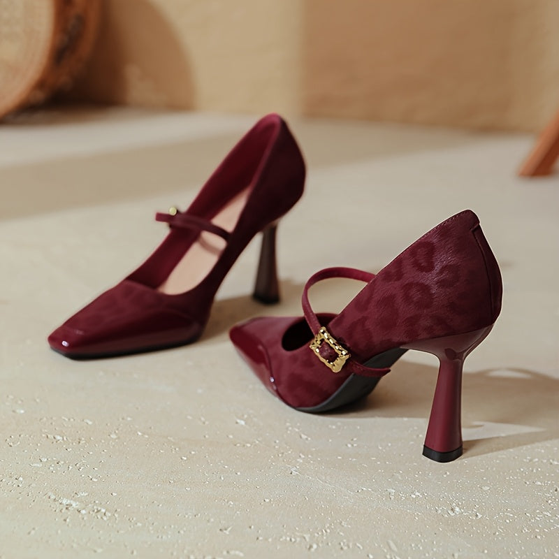 Women's Plus Size Leopard Print Pointed Toe Heeled Shoes with Ankle Strap