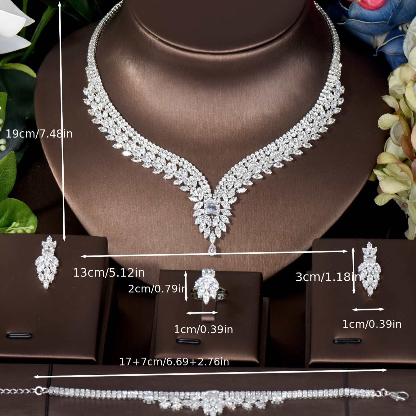 Leaf-Shaped Cubic Zirconia Jewelry Set for Women Wedding Necklace Earrings Elegant Bling