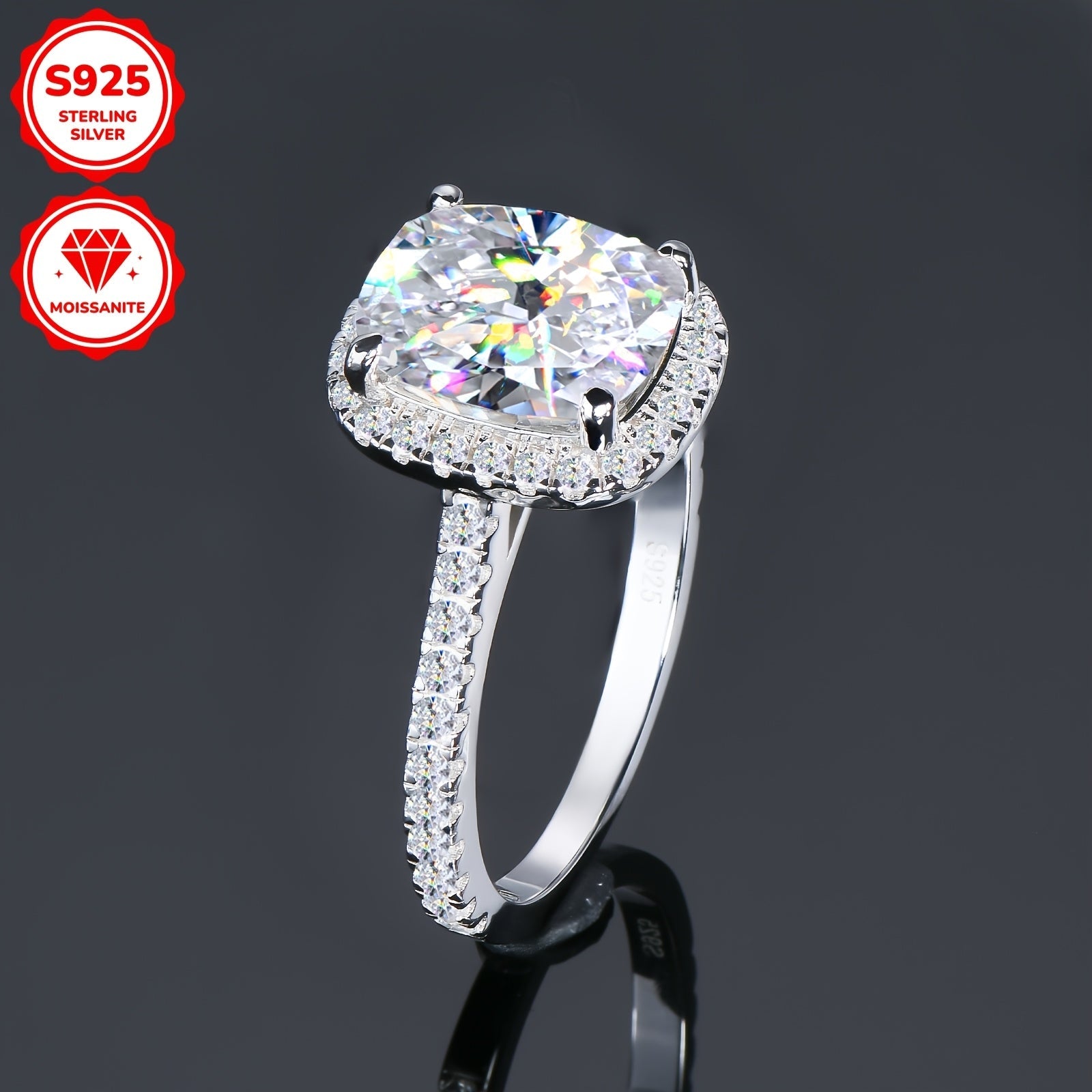 Zarif 4CT Moissanite To'y Halqasi - AQSh 10 o'lcham, VVS1 aniqlik, D-E rang, 925 sterling kumush, halo olmos o'rnatilishi va kubik zirkoniya yon toshlari, yuqori porloq, to'ylar va yubileylarga ideal.