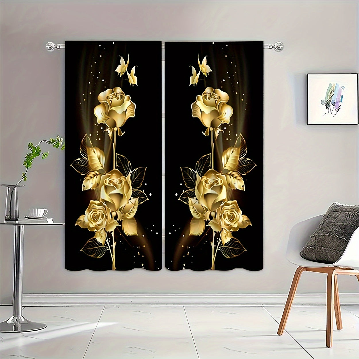 Semi-Transparent Polyester Curtains with Golden Roses and Butterflies for Living Room or Bedroom